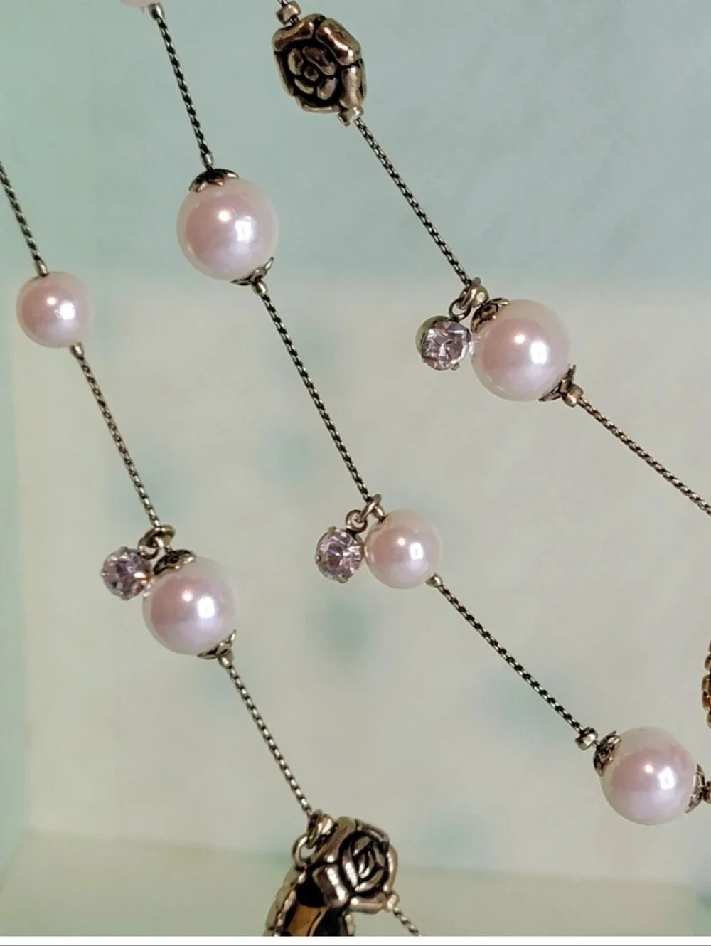 Betsey Johnson Pearl Jewel Rose Charm Multi Strand Necklace
